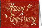 Employee Anniversary 1 Year - Swirly Text and Star Bursts - Red Gold Effect card