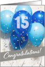 Employee 15th Anniversary Blue Balloons and Confetti card