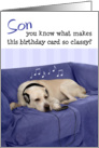Son Humorous Birthday Card - Dog with Headphones Enjoying Music card