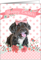 Pretty Easter Card - Happy Dog - Flowers - Peach and White Polka Dots card