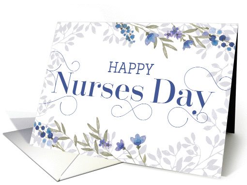 Happy Nurses Day Card - Swirly Text and Flowers - Blue... (1369396)
