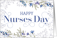 Happy Nurses Day Card - Swirly Text and Flowers - Blue Gray Purple card