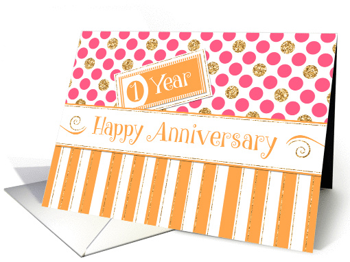 Employee Anniversary 1 Year - Orange Stripes Pink Dots... (1390520)
