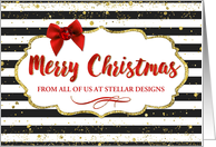 Custom Business Christmas Card - Text Red Bow Black and White Stripes card