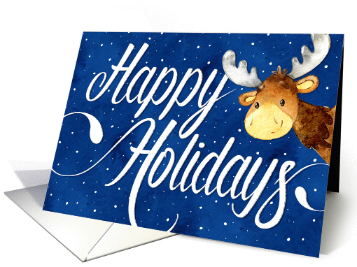 Christmas Card - Swirly Happy Holidays Text and Cute Reindeer card