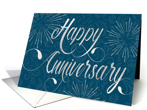 Employee Anniversary - Swirly Text and Star Bursts - Blue card