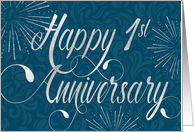 Employee Anniversary 1 Year - Swirly Text and Star Bursts - Blue card