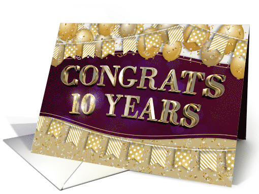 Employee Anniversary 10 Years Gold Text Balloons Bunting Confetti card