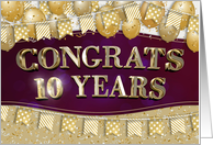 Employee Anniversary 10 Years Gold Text Balloons Bunting Confetti card