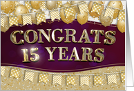 Employee Anniversary 15 Years Gold Text Balloons Bunting Confetti card