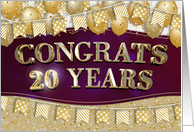 Employee Anniversary 20 Years Gold Text Balloons Bunting Confetti card