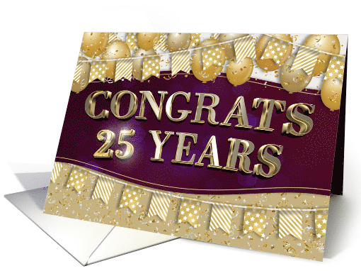 Employee Anniversary 25 Years Gold Text Balloons Bunting Confetti card