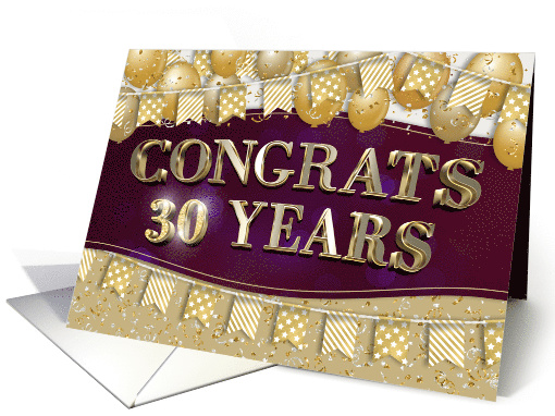 Employee Anniversary 30 Years Gold Text Balloons Bunting Confetti card