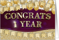 Employee Anniversary 1 Year Gold Text Balloons Bunting Confetti card