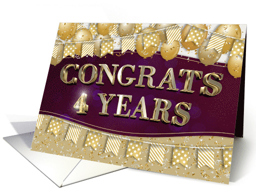 Employee Anniversary 4 Years Gold Text Balloons Bunting Confetti card