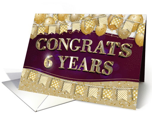 Employee Anniversary 6 Years Gold Text Balloons Bunting Confetti card