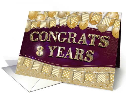 Employee Anniversary 8 Years Gold Text Balloons Bunting Confetti card