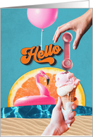 Retro Style Cutouts Collage Hello Beach Theme Ice Cream Telephone and Flamingo card
