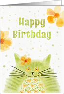 Watercolor Green Cat and Orange Flowers Fun Birthday card