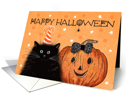 Black Cat with Hat Pumpkin with Bow Halloween card (1748214)