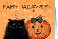 Black Cat with Hat Pumpkin with Bow Halloween card