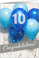 Employee 10th Anniversary Blue Balloons and Confetti card