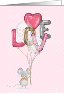 Cute Whimsical Mouse with Balloons Valentine’s Day card