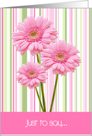 Just to say Card - Three Pink Flowers and Stripes card