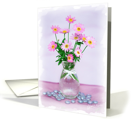 Blank Greeting Card - Pretty Pink Flowers in a Vase card (820741)