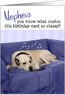 Nephew Humorous Birthday Card - Dog with Headphones Enjoying Music card
