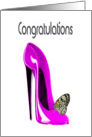 Congratulations, with Pink Stiletto Shoe and Butterfly Design card