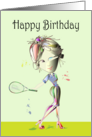 Happy Birthday Fun Card, Modern woman playing Tennis in Stiletto’s! card