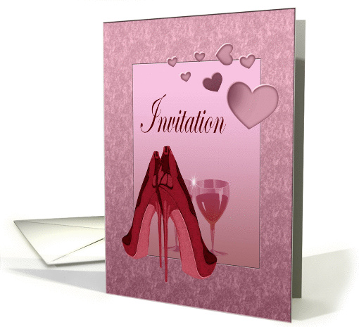 Party Invitation with Red Stiletto Shoes Art and Pink Hearts card