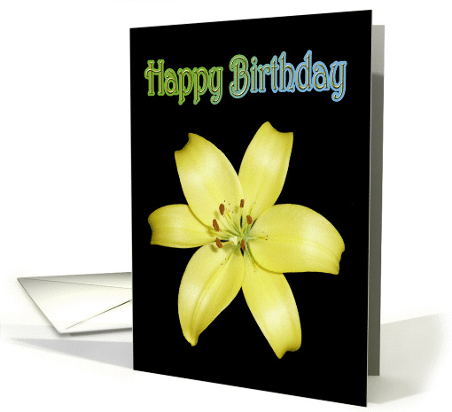 Happy Birthday Greeting Card, with Yellow Lily on silky black card