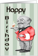 Happy Birthday Greeting Card, with Cute Cartoon Waiter card