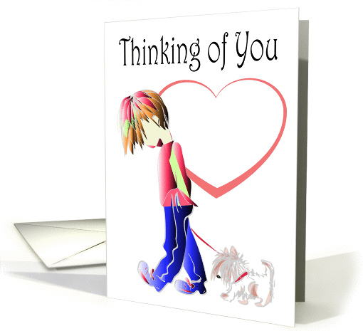 Thinking of You Greeting Card, with Cute Boy Walking Dog Art card