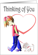 Thinking of You Greeting Card, with Cute Boy Walking Dog Art card