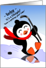 Humorous Happy Birthday Penguin Playing Ice Hockey! card
