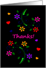 Thanks, Friend, Bright Colored Flowers and Hearts on a Dark Background card