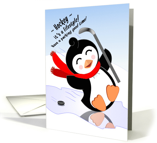Humorous Happy Birthday Penguin Playing Ice Hockey! card (881766)