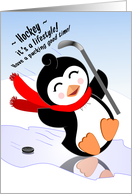 Humorous Happy Birthday Penguin Playing Ice Hockey! card