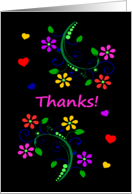 Thanks, Friend, Bright Colored Flowers and Hearts on a Dark Background card