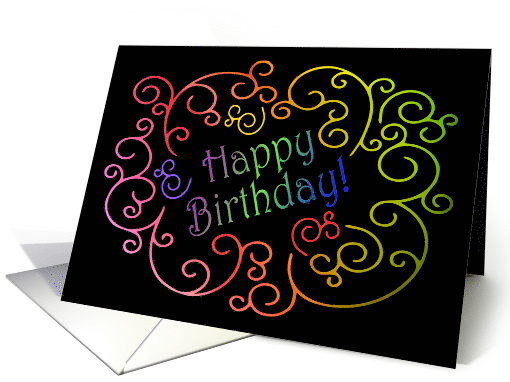 Happy Birthday with Artistic Rainbow Swirls on Black card (943644)