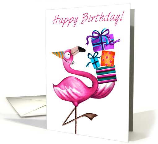 Happy Birthday - Flamingo with Gifts - Crimson Kisses Range card