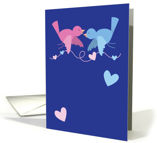 Hanging love pink and blue birds with love hearts card (820126)