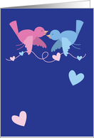 Hanging love pink and blue birds with love hearts card