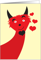 Cute devilish creature with love hearts card