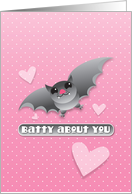 Batty about you with grey bat and love hearts card