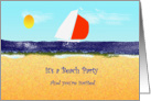 Beach Party, invitation, sailboat against blue sky, sand in forground card