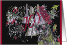 Silver Bells, red berries, green fir branches, Joy in red lettering, card